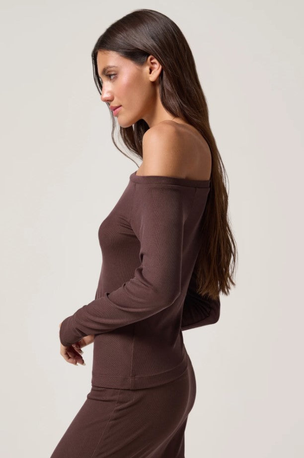 Celine Zen Rib Off The Shoulder Top - Earth