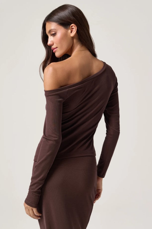 Celine Zen Rib Off The Shoulder Top - Earth