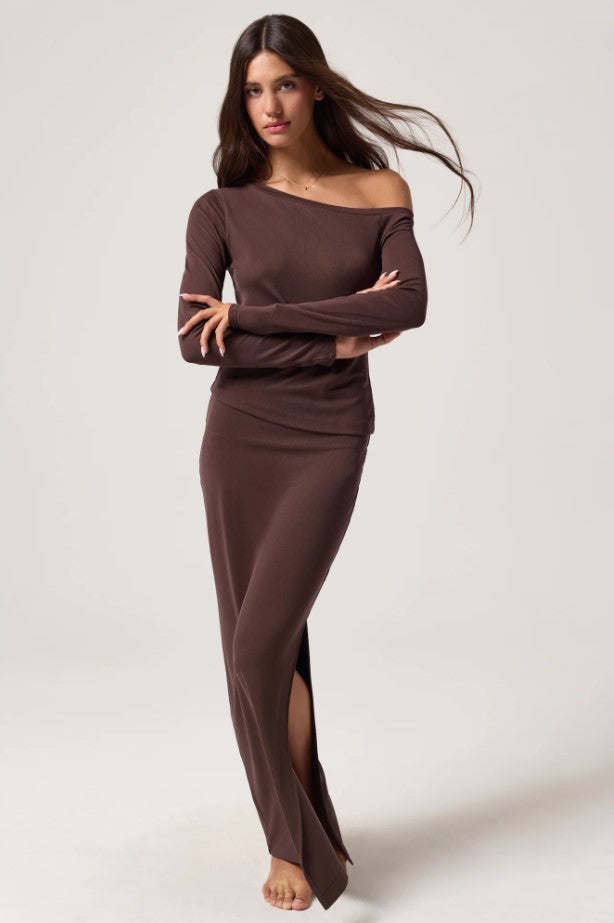 Celine Zen Rib Off The Shoulder Top - Earth