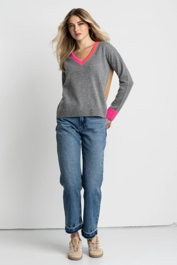 Color Wheel Cashmere Sweater - Fog/Caramel