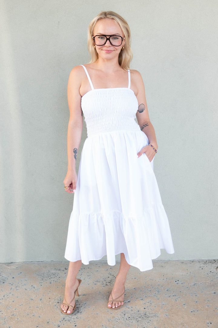 Cosmos Smocked Midi Dress - White - Jaffi's