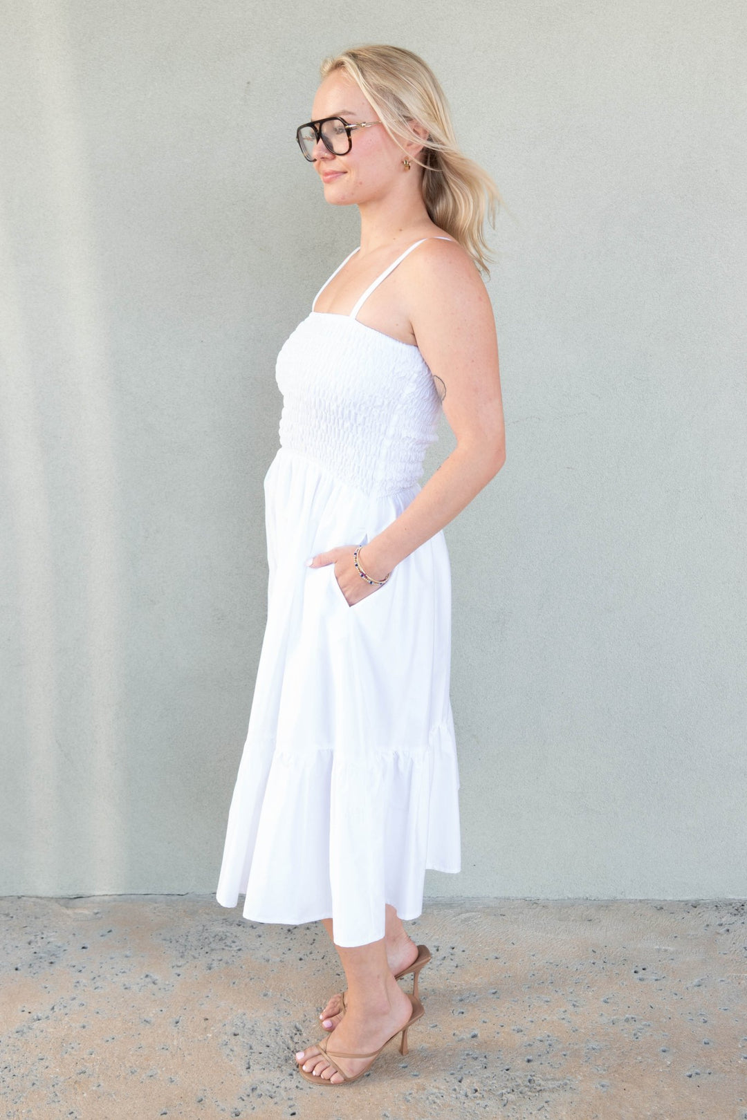 Cosmos Smocked Midi Dress - White - Jaffi's