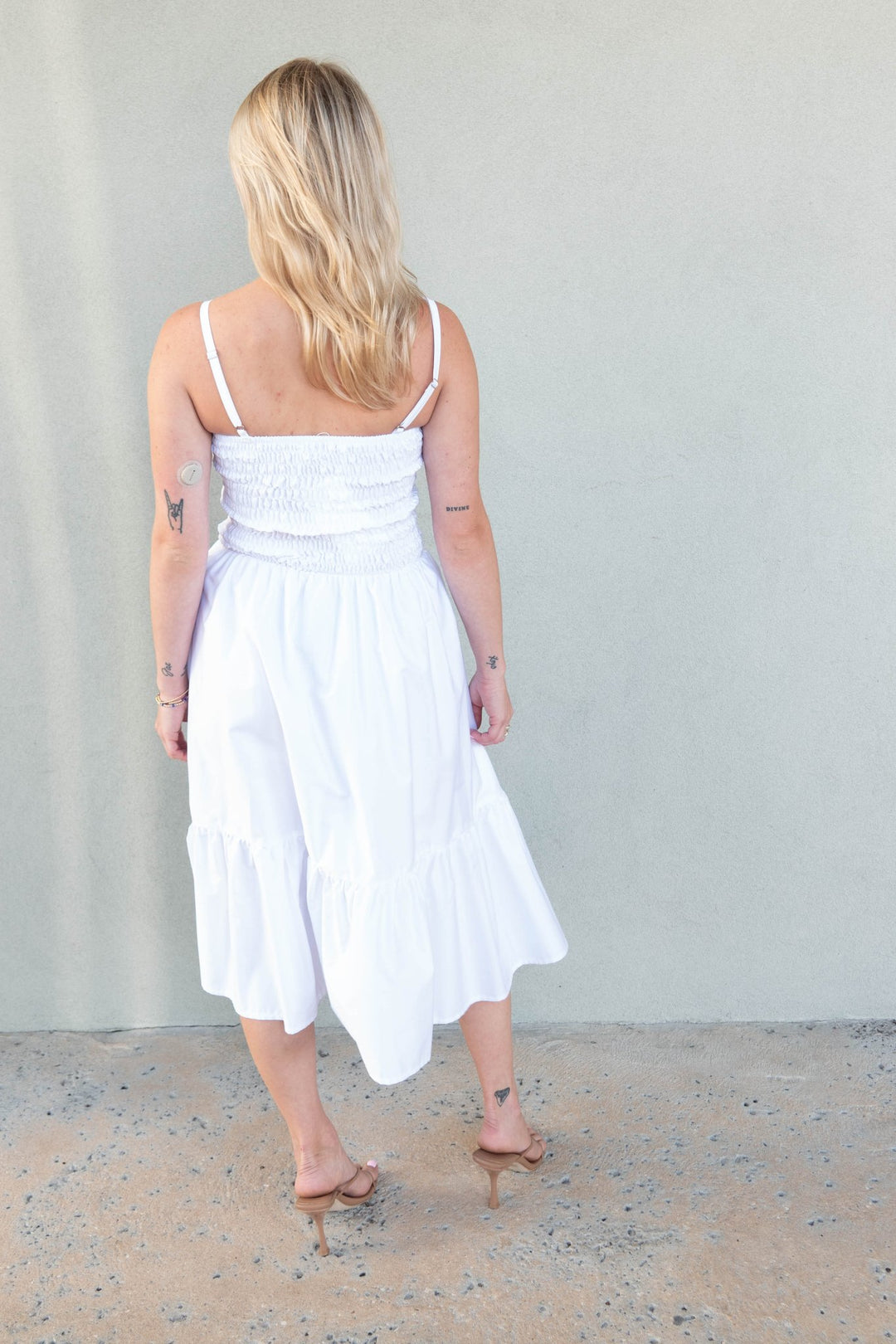 Cosmos Smocked Midi Dress - White - Jaffi's