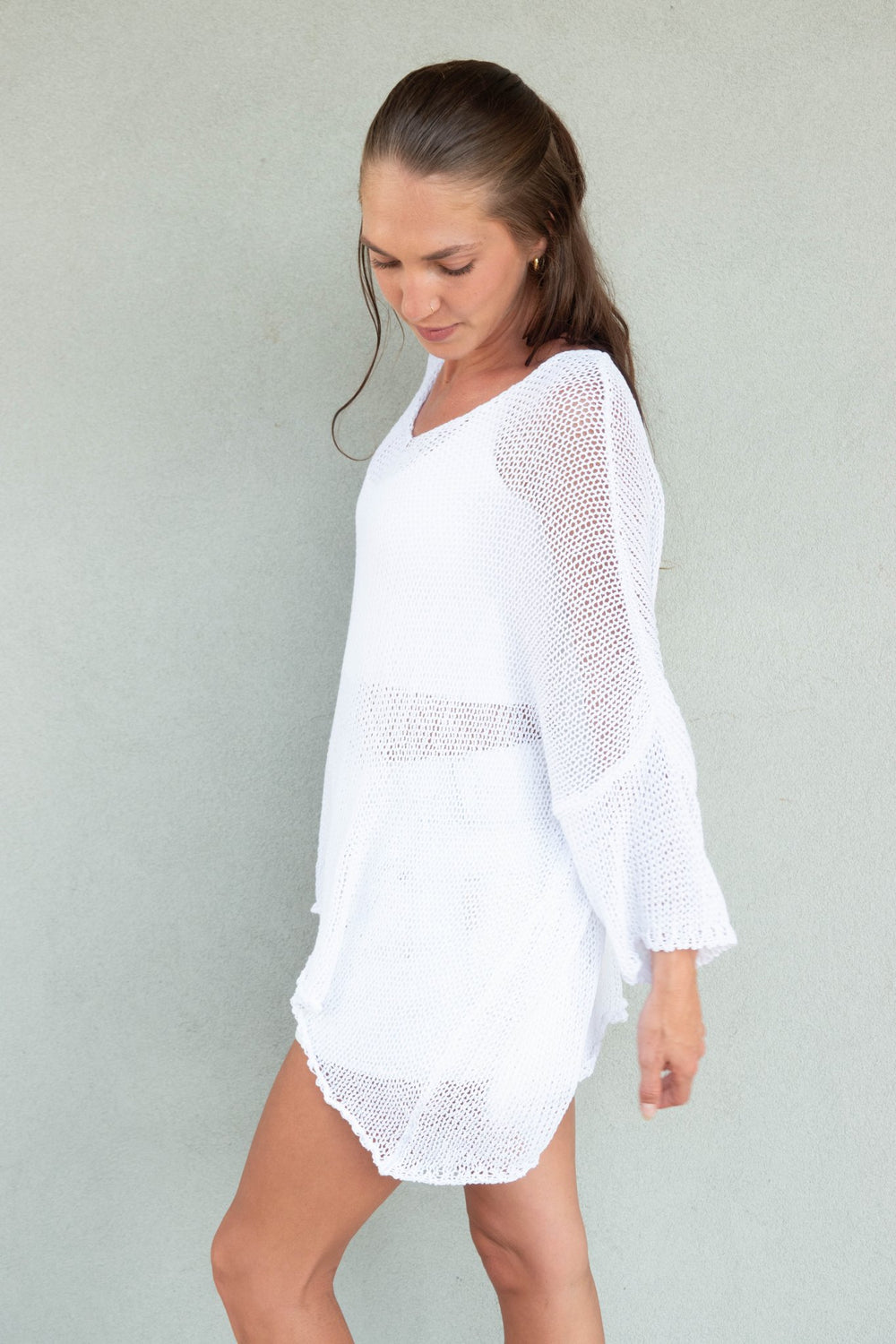 Cotton Knit 3/4 Sleeve Top - White - Jaffi's