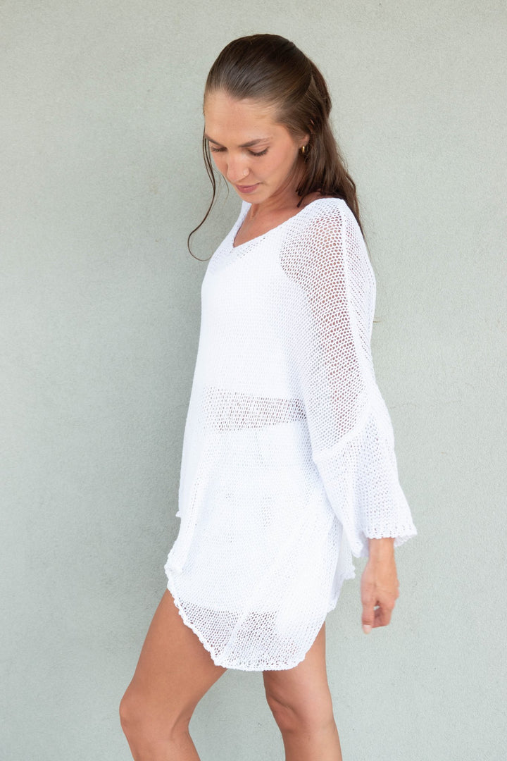 Cotton Knit 3/4 Sleeve Top - White - Jaffi&