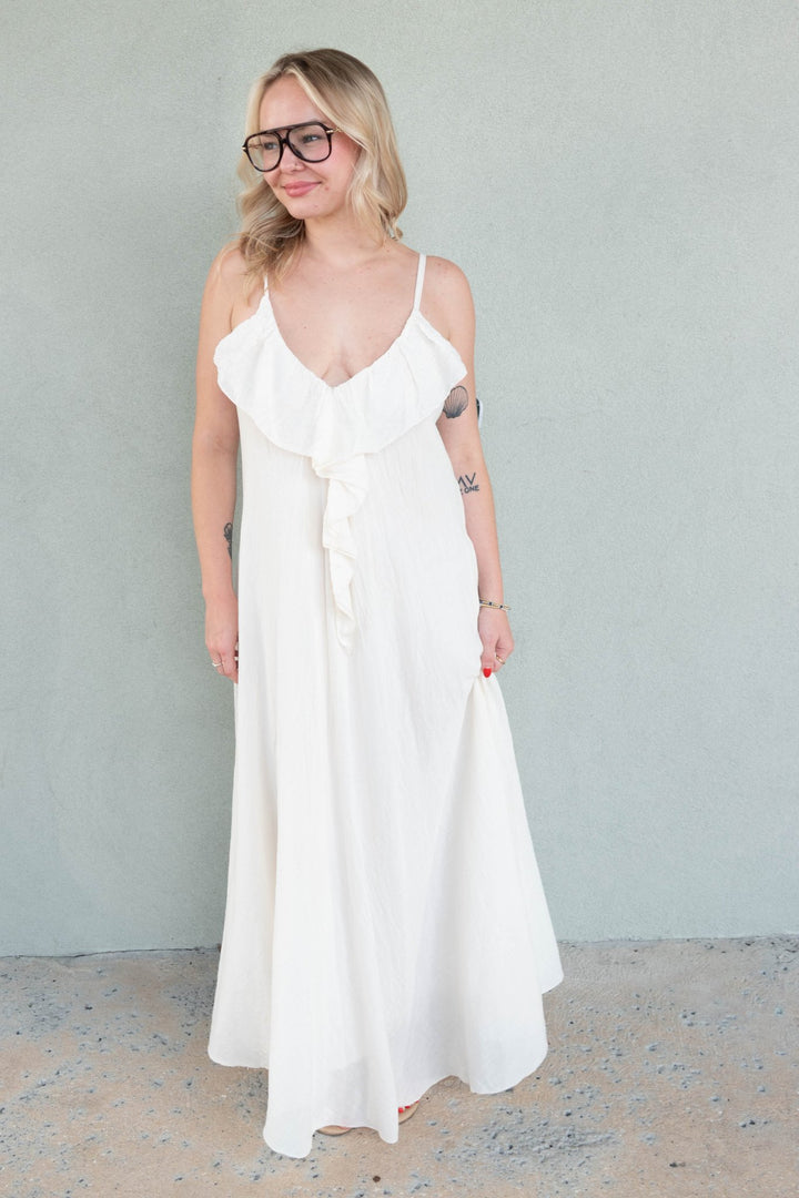 Cotton Ruffle V Maxi Dress - Butter - Jaffi's