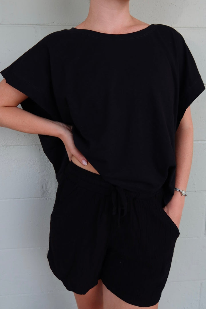 Cotton Slub Open Back Tee - Black - Jaffi's