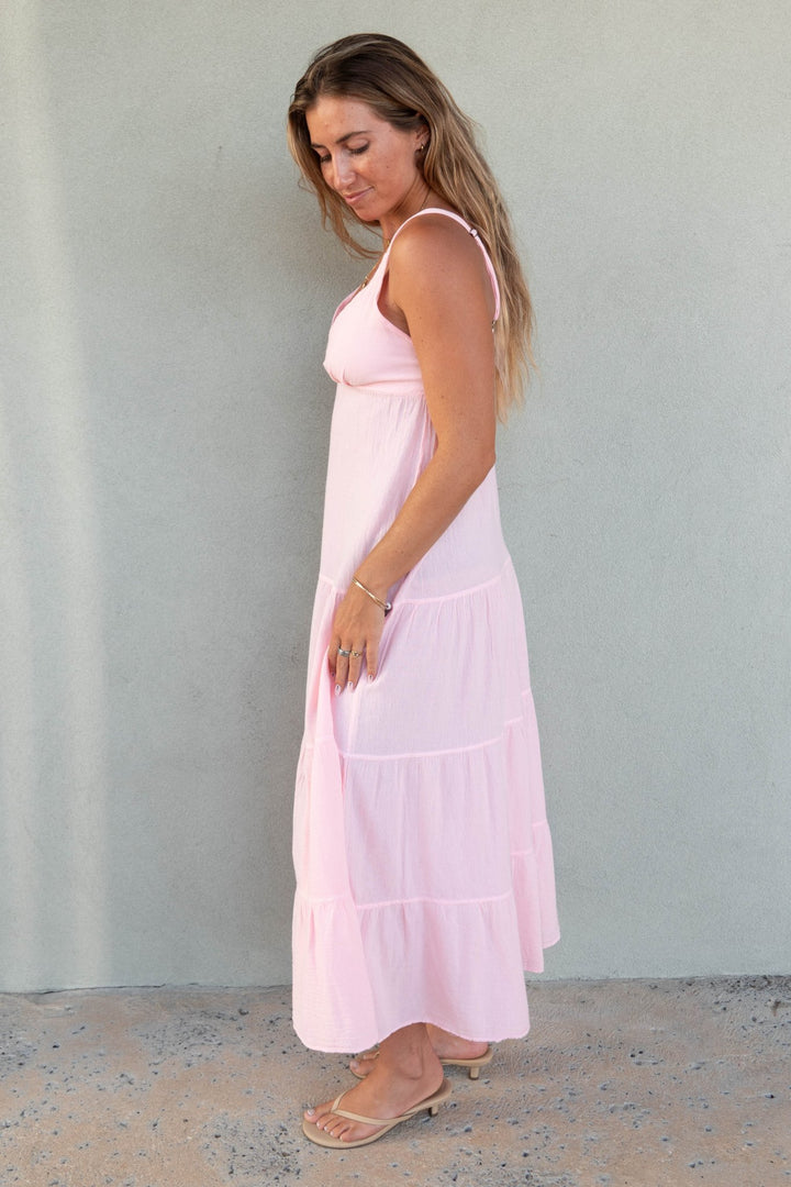 Cotton V Neck Midi Dress - Baby Pink - Jaffi's