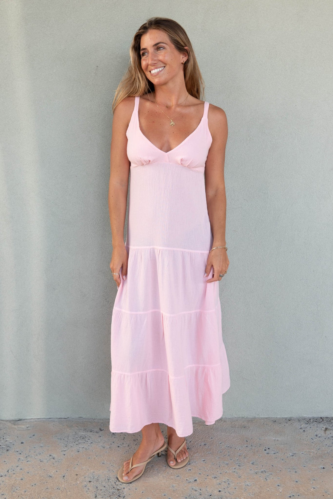 Cotton V Neck Midi Dress - Baby Pink - Jaffi's