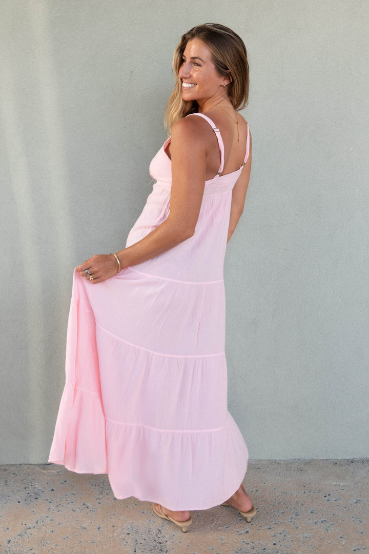 Cotton V Neck Midi Dress - Baby Pink - Jaffi's