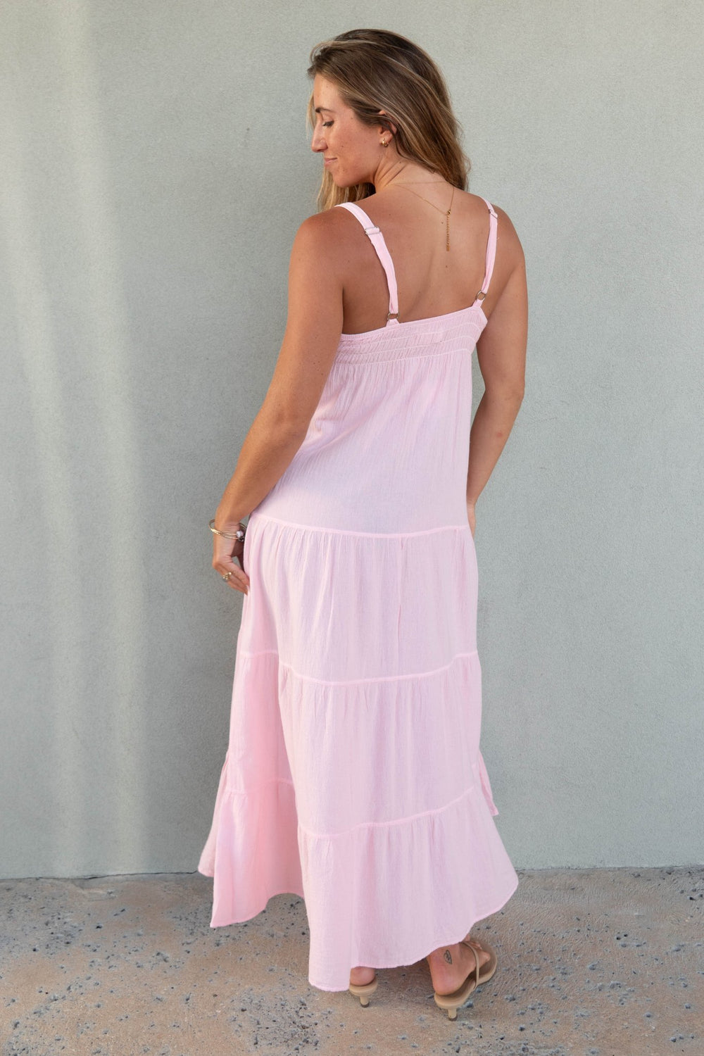 Cotton V Neck Midi Dress - Baby Pink - Jaffi's