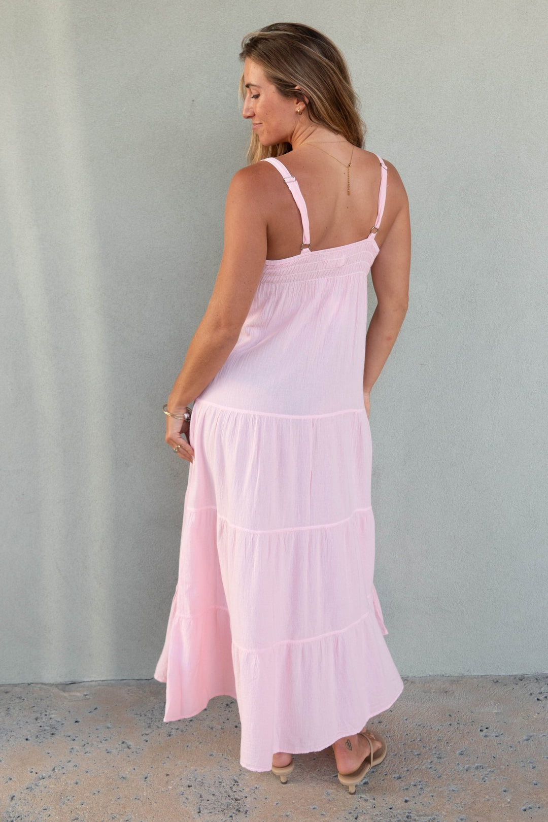 Cotton V Neck Midi Dress - Baby Pink - Jaffi's