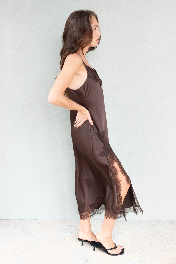 Crinkled Satin Lace Cami Dress - Brown - Jaffi&