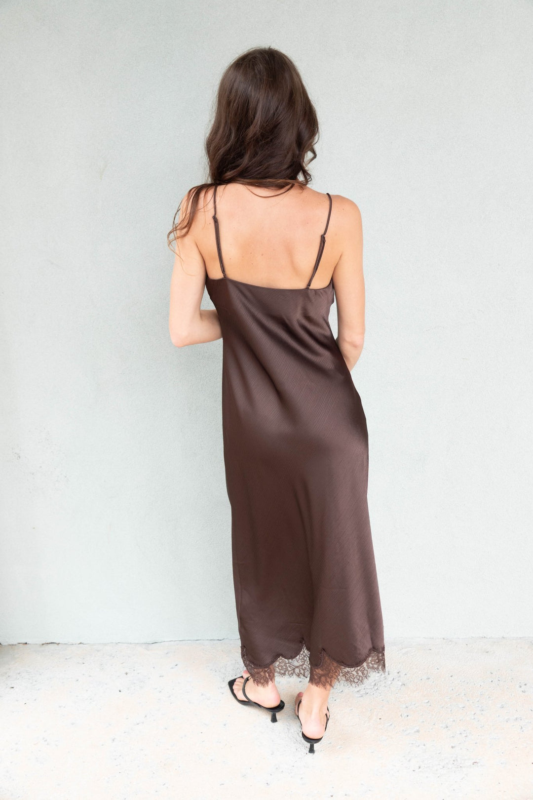 Crinkled Satin Lace Cami Dress - Brown - Jaffi&
