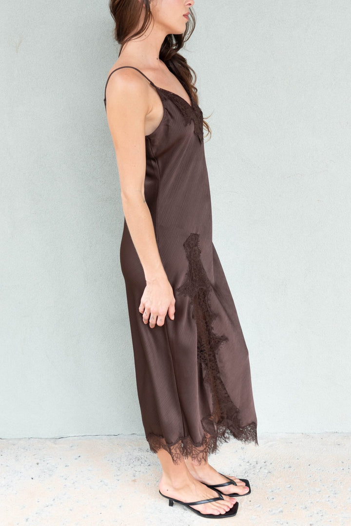 Crinkled Satin Lace Cami Dress - Brown - Jaffi&