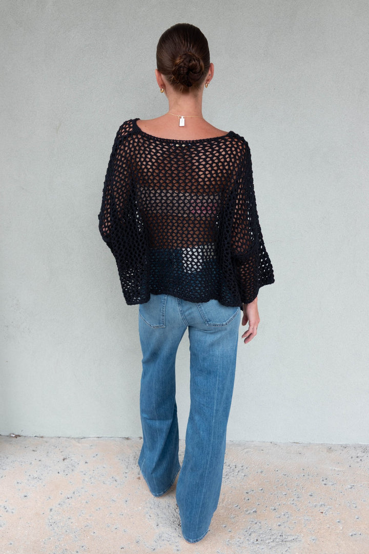 Crochet Long Sleeve Top - Black - Jaffi&