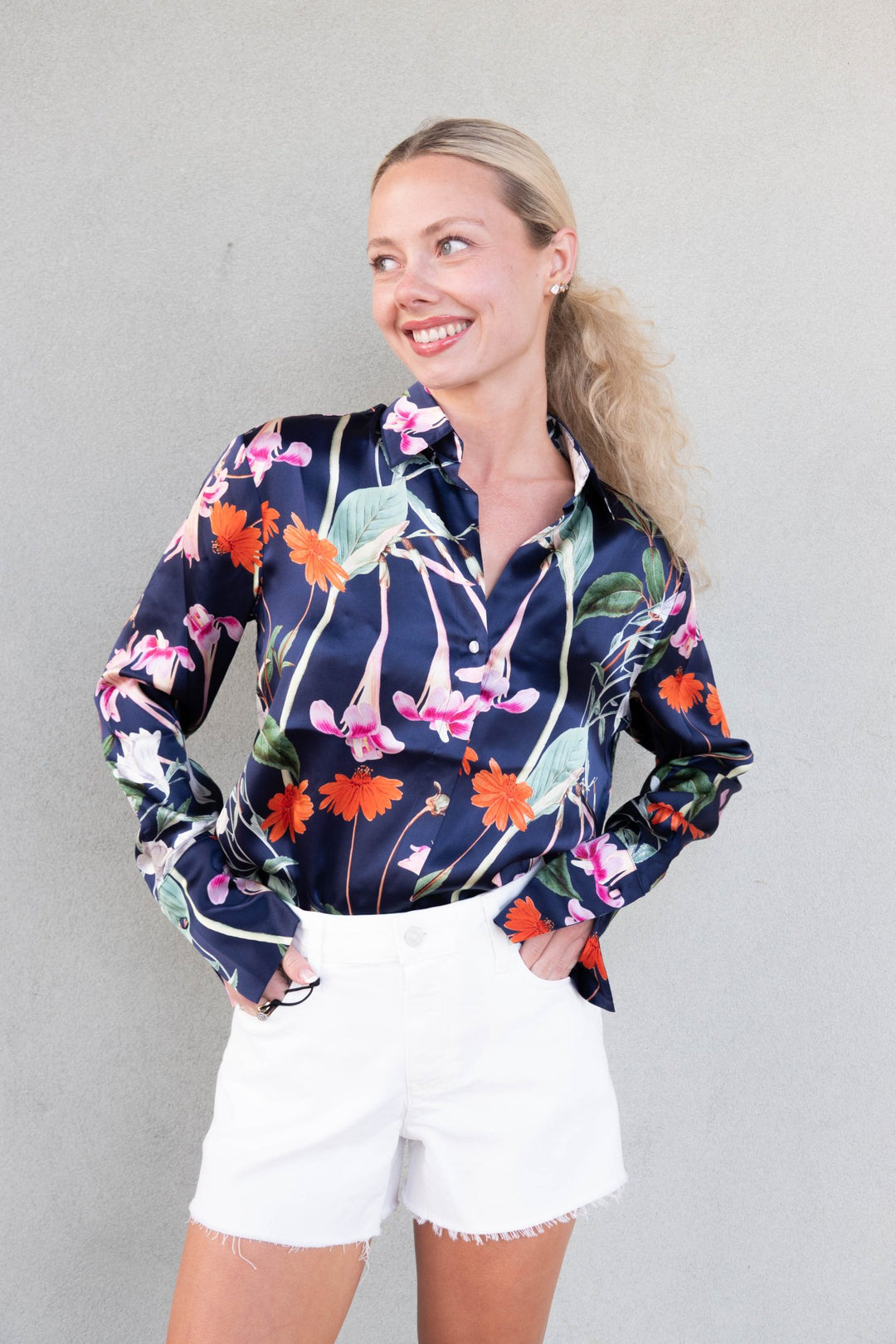 Daria French Cuff Silk Blouse - Midnight Bloom - Jaffi's