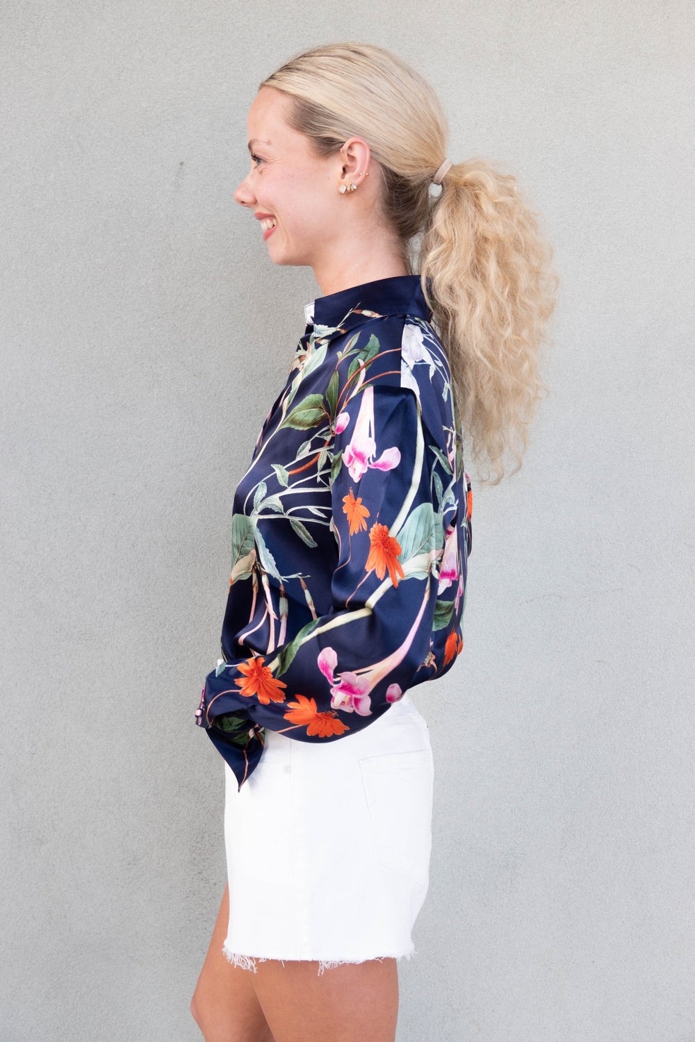 Daria French Cuff Silk Blouse - Midnight Bloom - Jaffi's