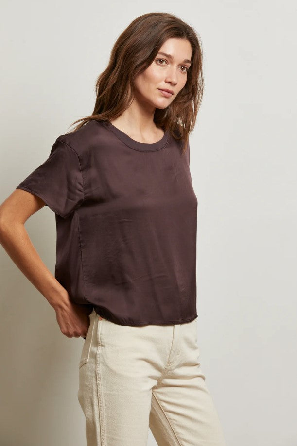 Delphine Satin Crew Neck Tee - Cocoa