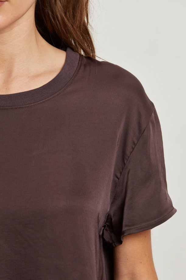 Delphine Satin Crew Neck Tee - Cocoa
