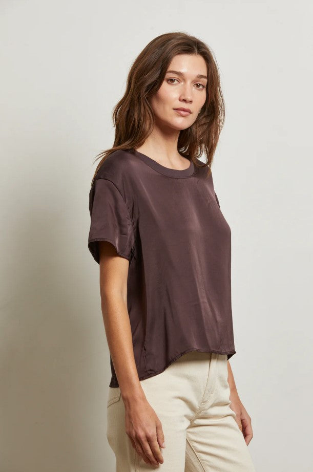 Delphine Satin Crew Neck Tee - Cocoa