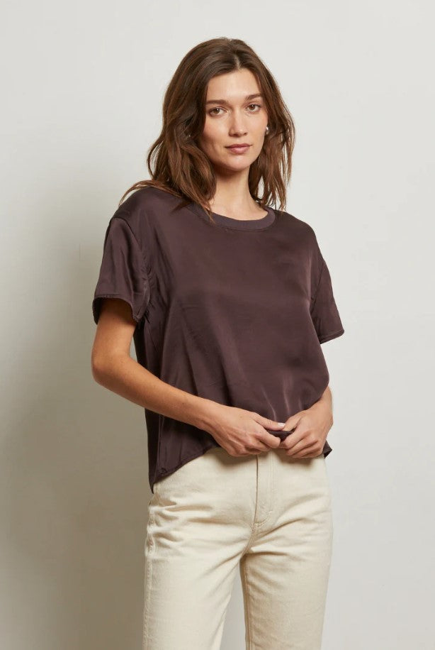 Delphine Satin Crew Neck Tee - Cocoa