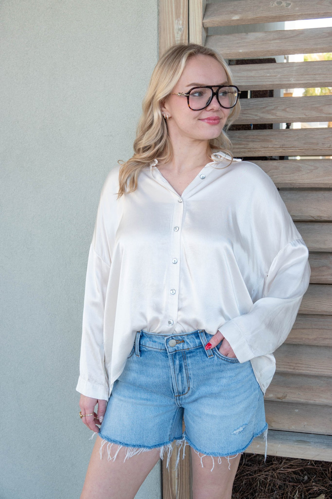 Devin Satin Dolman Button Up - Chalk - Jaffi's