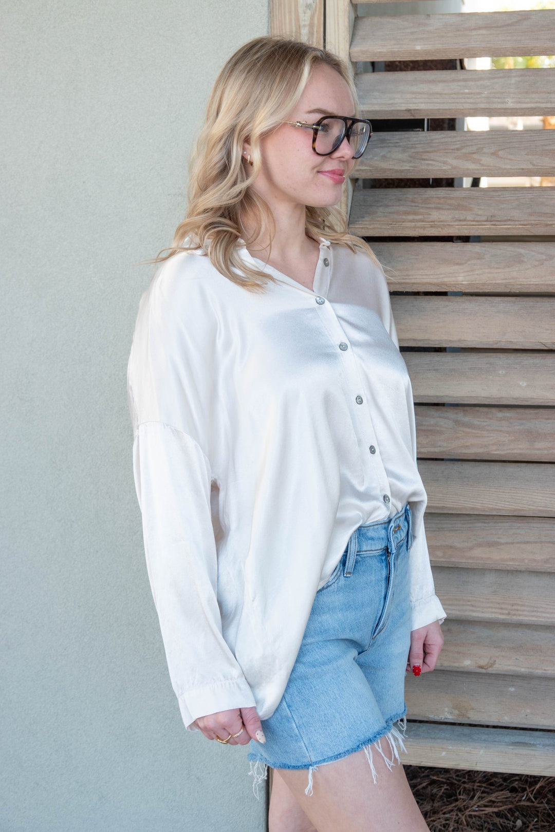 Devin Satin Dolman Button Up - Chalk - Jaffi's