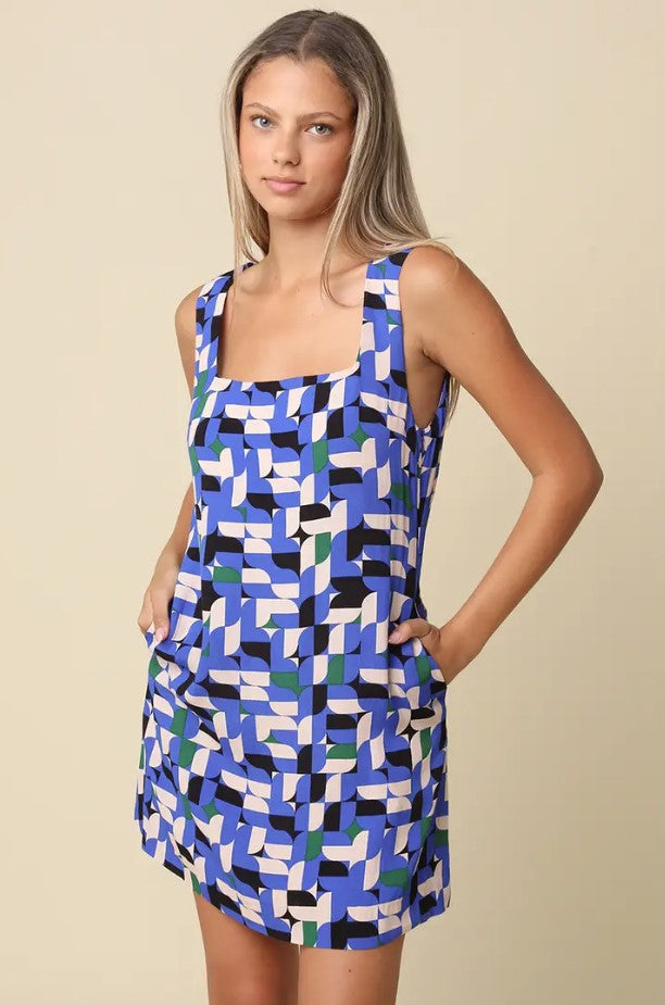 Geo Print Mini Dress - Blue Multi