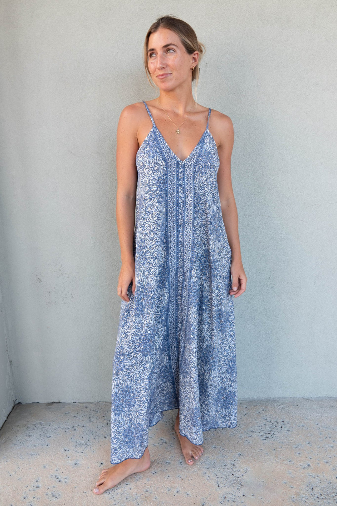 Double V Maxi Dress - Foil Blue - Jaffi's