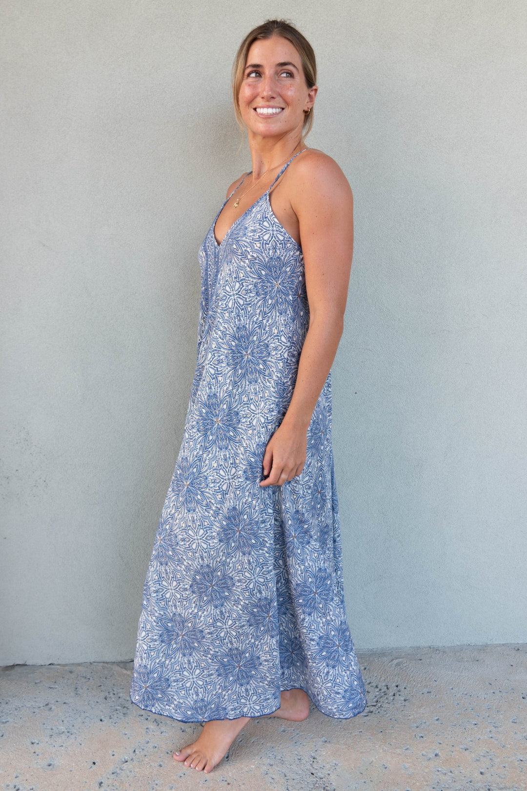 Double V Maxi Dress - Foil Blue - Jaffi's