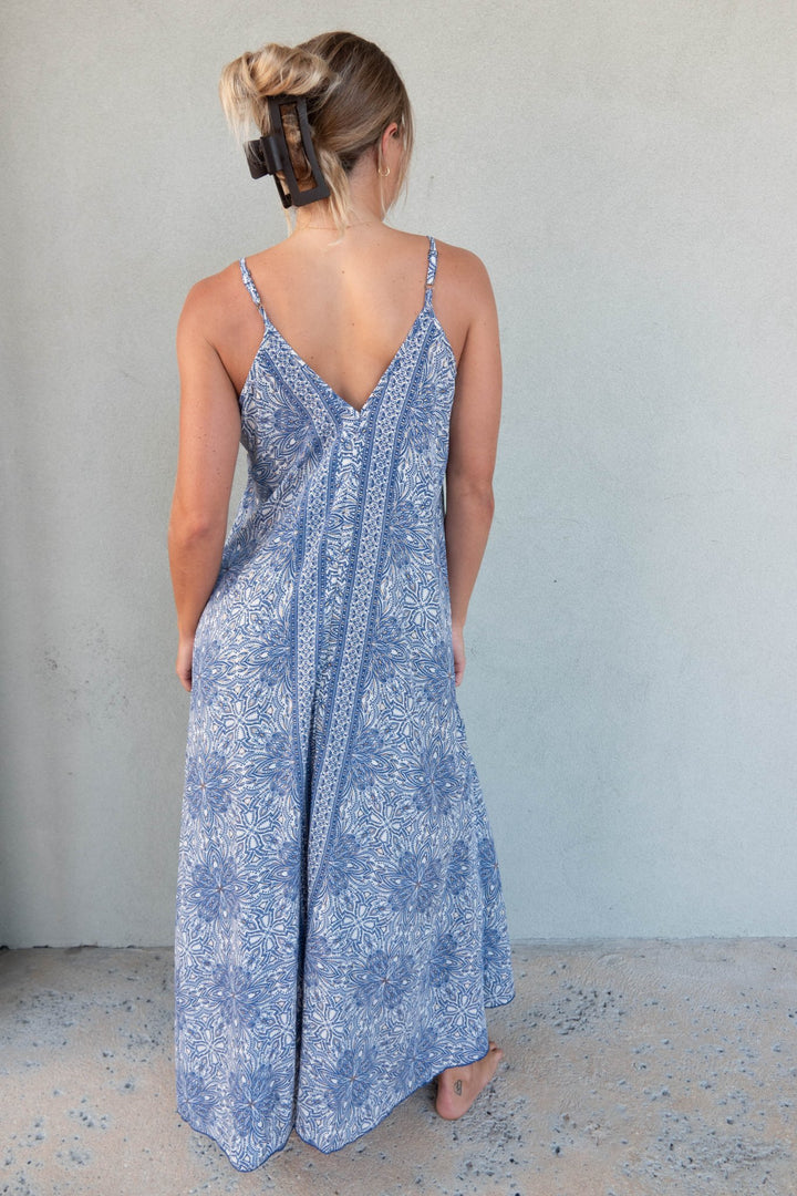 Double V Maxi Dress - Foil Blue - Jaffi's