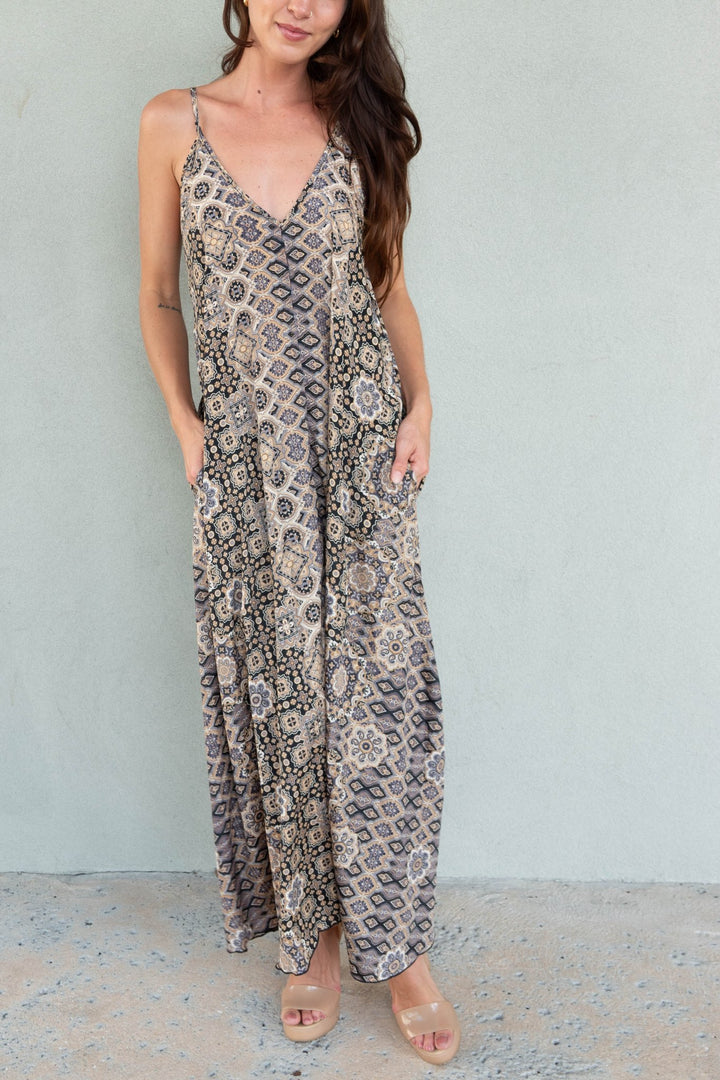 Double V Maxi Dress - Gold Foil Geo - Jaffi's