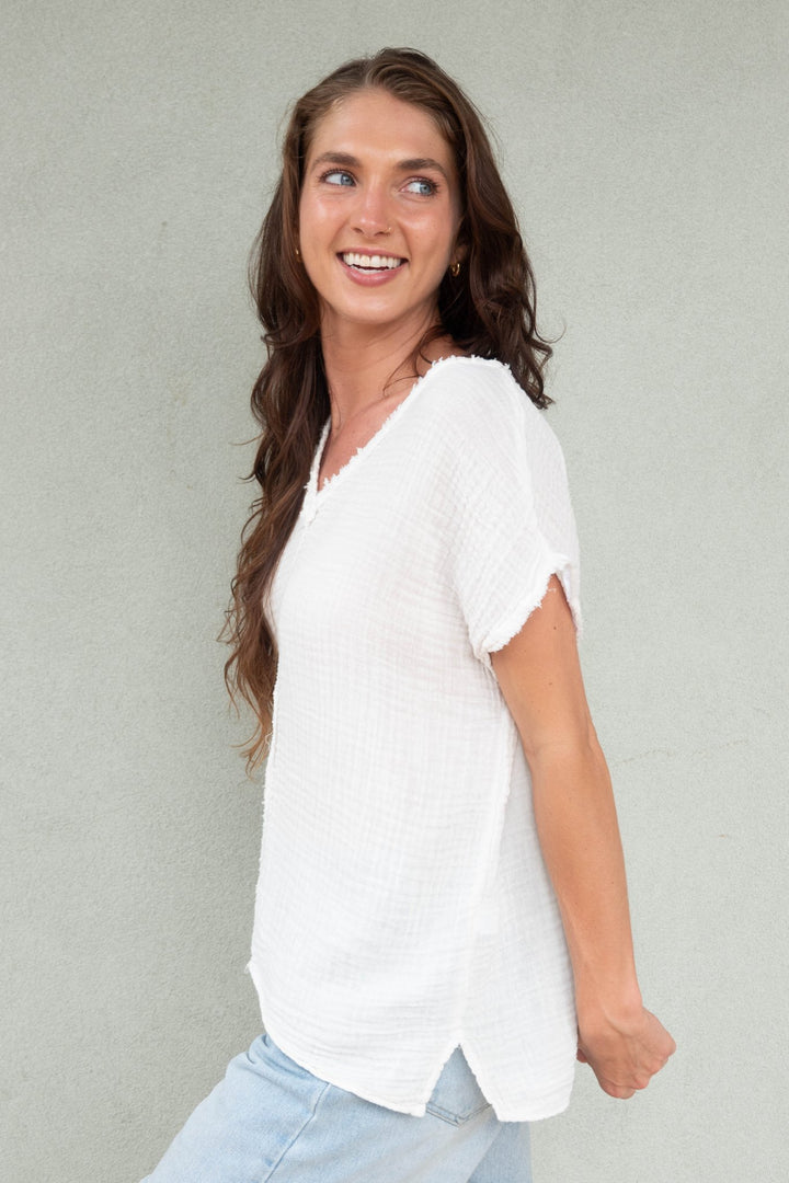 Draya Gauze V Neck Top - Chalk - Jaffi's