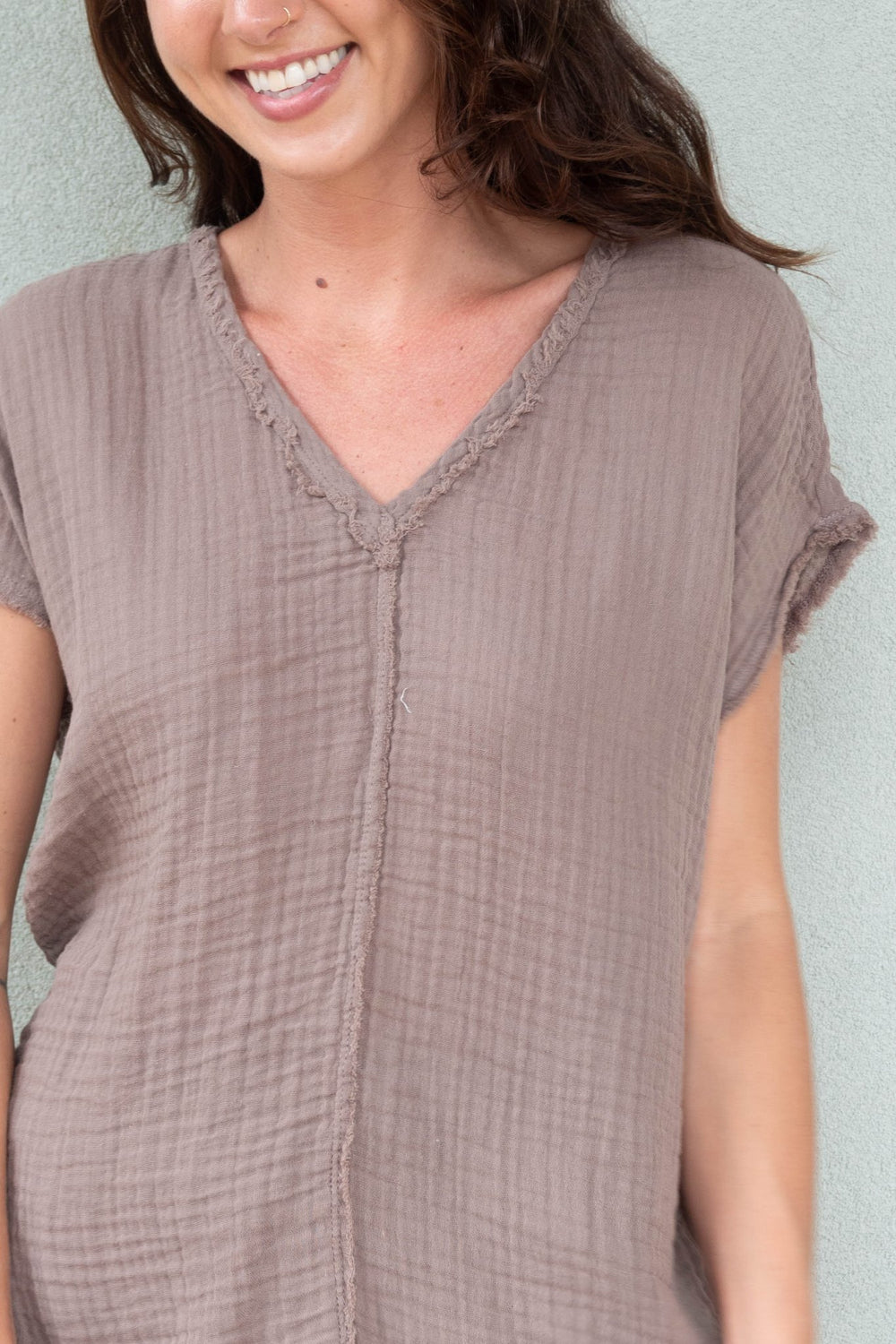 Draya Gauze V Neck Top - Quicksand - Jaffi's