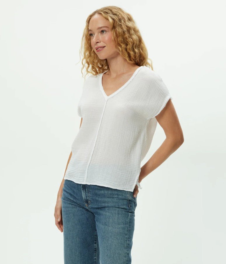 Draya Gauze V Neck Top - White - Jaffi's