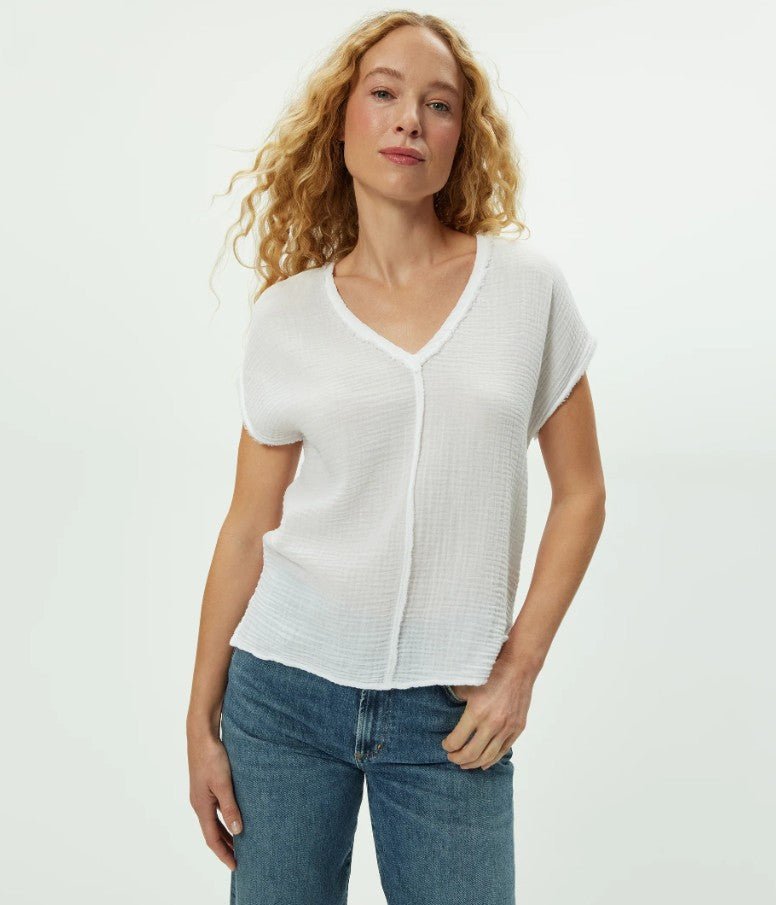 Draya Gauze V Neck Top - White - Jaffi's
