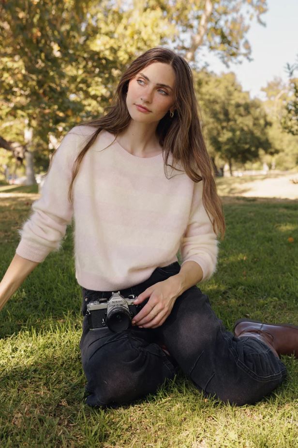 Elidia Fuzzy Stripe Cashmere Sweater - Cloud/Ballet