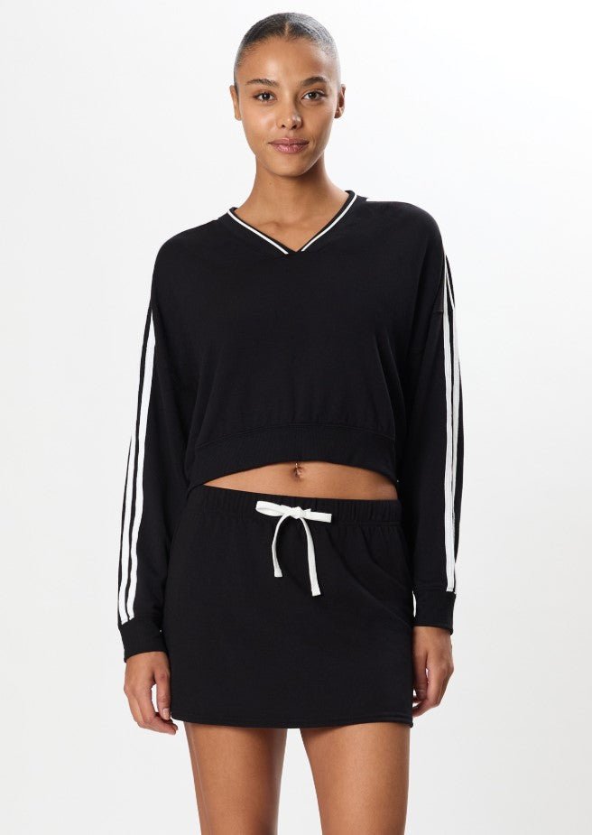Ellie Fleece V Neck Sweatshirt - Black/White - Jaffi's