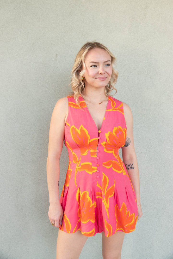 Elodie Sleeveless Playsuit - Pink Pop Floral - Jaffi's