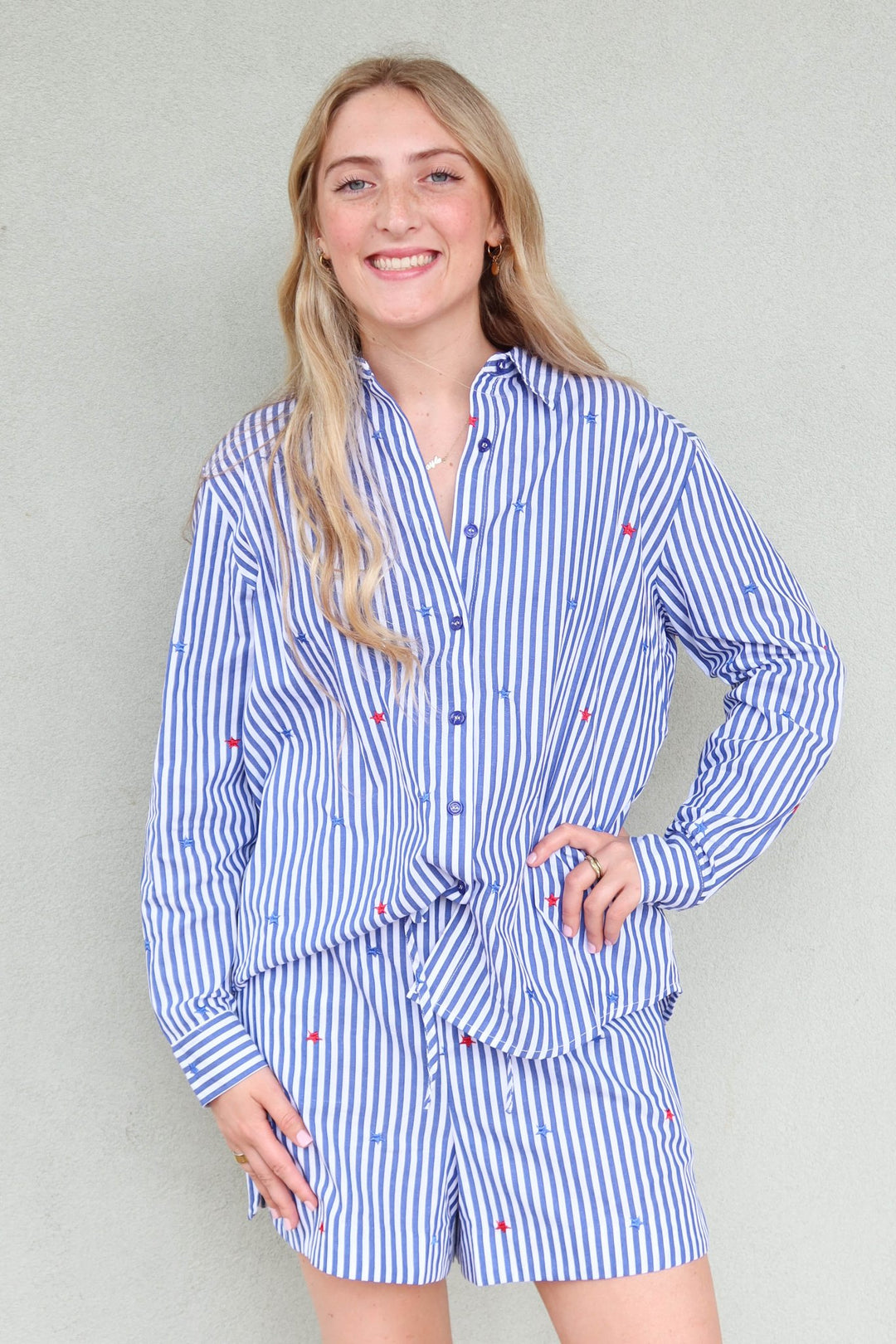 Embroidered Star Stripe Button Down - Blue/White - Jaffi's