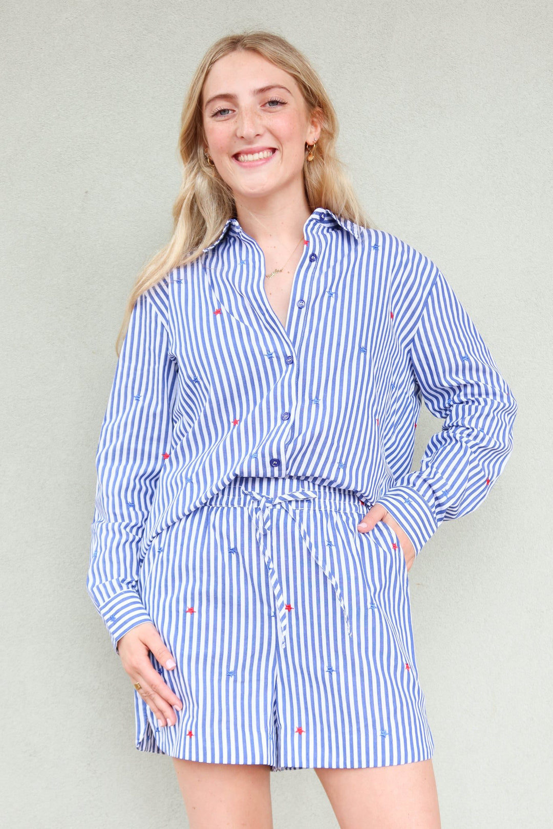 Embroidered Star Stripe Button Down - Blue/White - Jaffi's