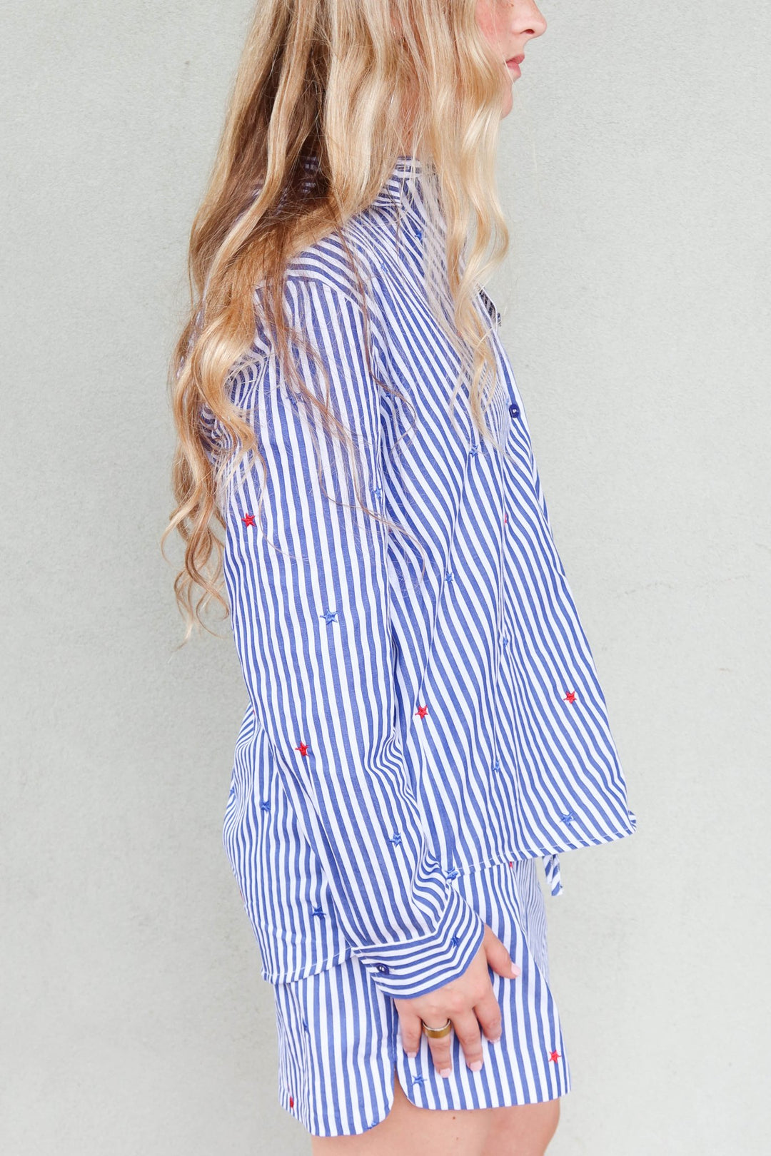 Embroidered Star Stripe Button Down - Blue/White - Jaffi's