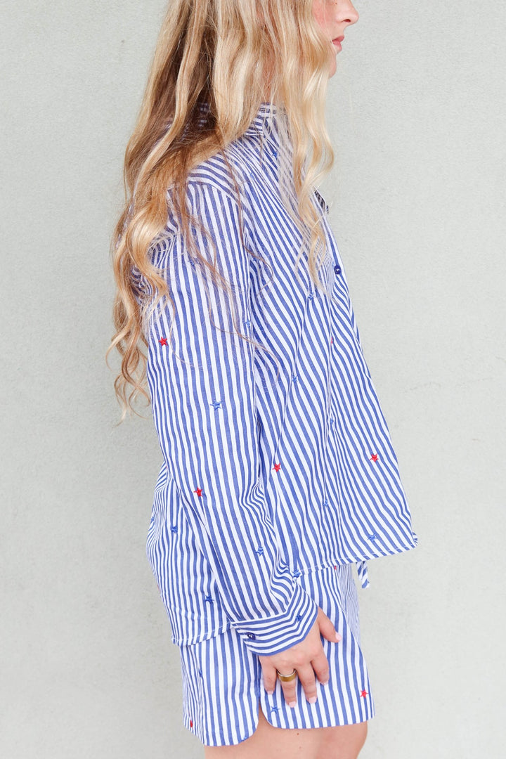 Embroidered Star Stripe Button Down - Blue/White - Jaffi's