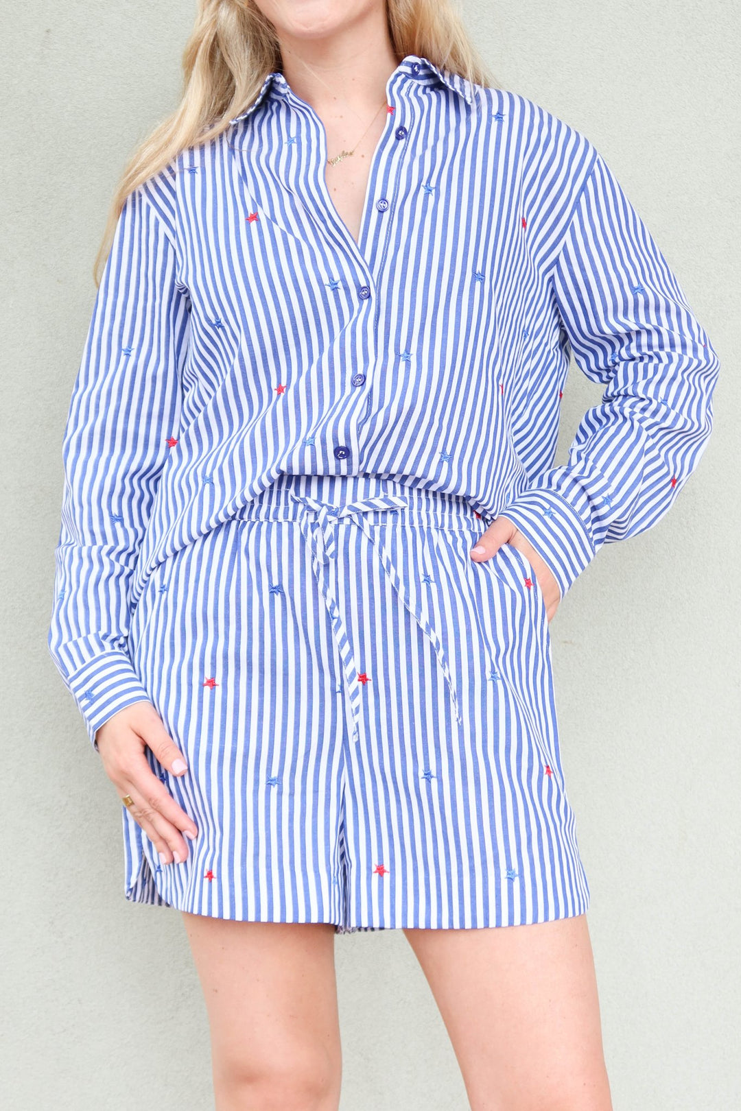 Embroidered Star Stripe Shorts - Blue/White - Jaffi's