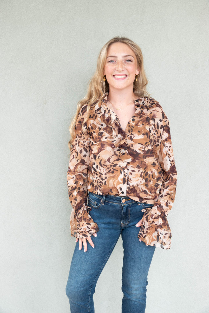 Everly Ruffle Blouse - Brown Combo - Jaffi&