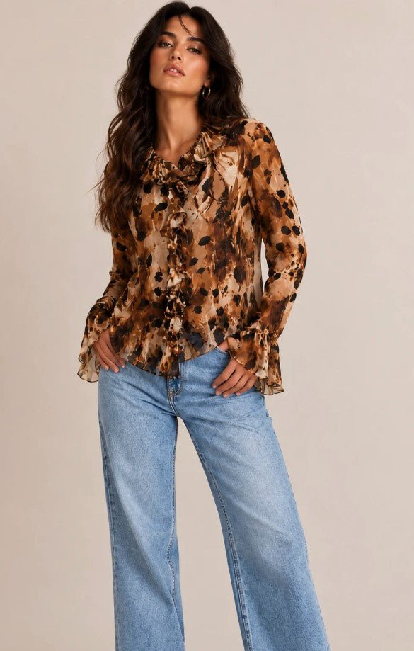Everly Ruffle Blouse - Brown Combo - Jaffi&