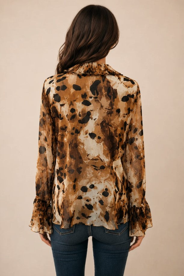 Everly Ruffle Blouse - Brown Combo