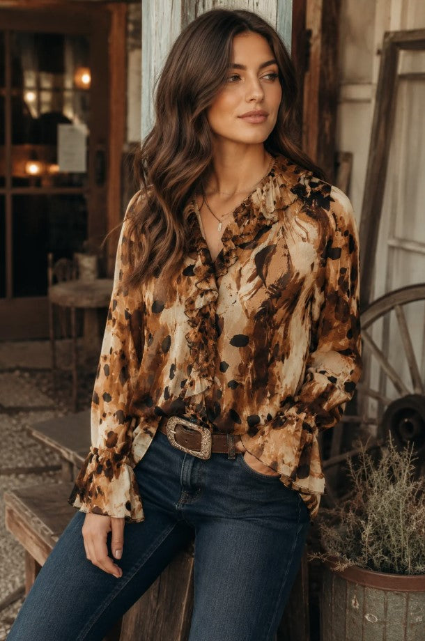 Everly Ruffle Blouse - Brown Combo