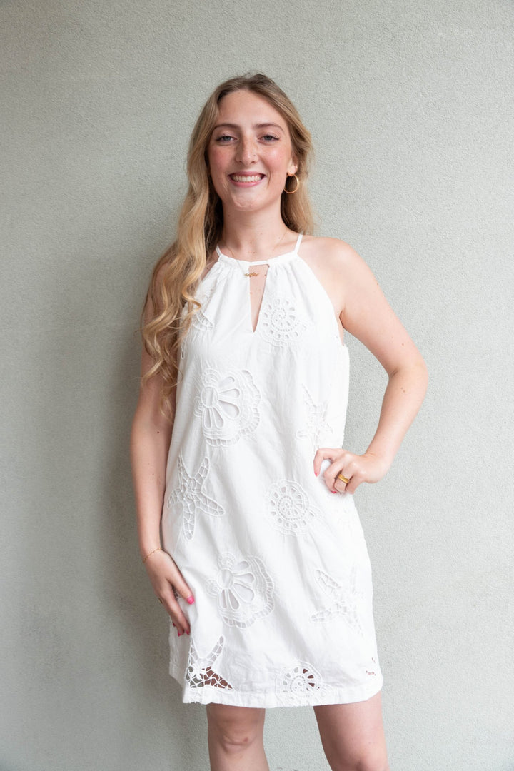 Eyelet Halter Mini Dress - White - Jaffi's